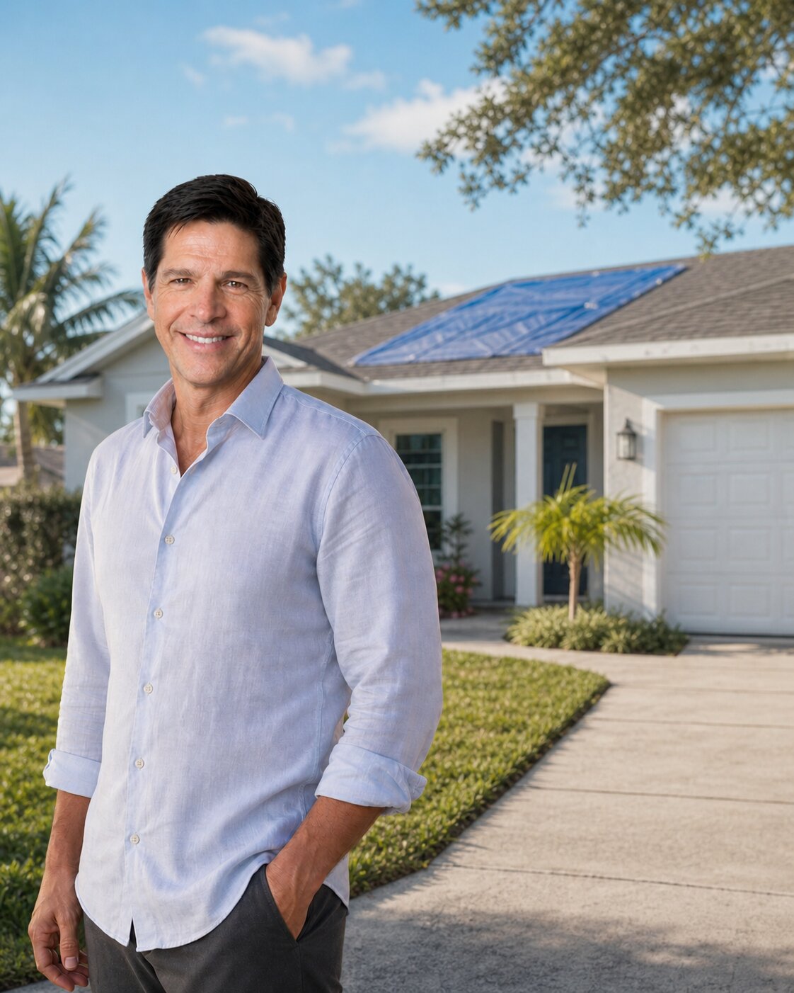 Stuart Nixdorff, founder of ClaimRestored, standing in front of a Florida home with storm damage